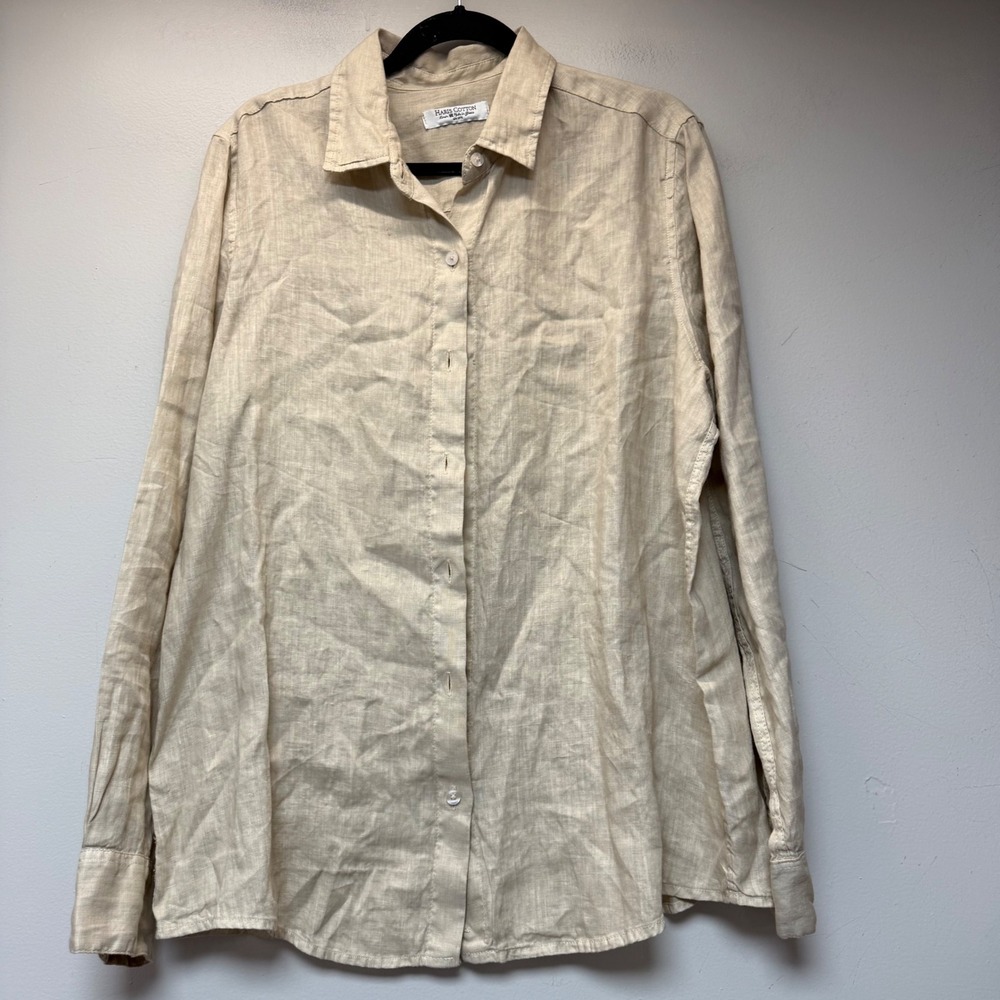 Haris Cotton Button Down Shirt Womens‎ L Beige Excellent 100% Linen Made in